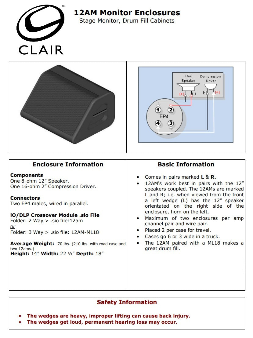 Clair 12AM Stage Monitor Wedges, Drum Fill Cabinets, Pair