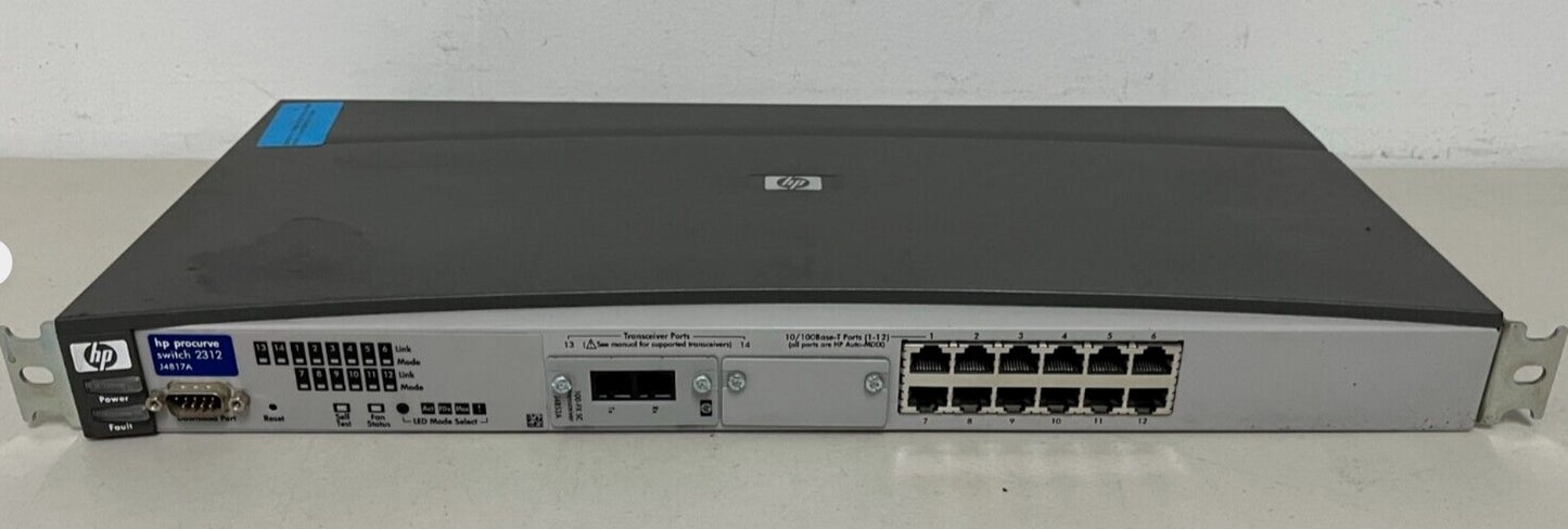 Used HP Procurve Switch 2312 (J4817A) for Sale. 					We Sell Professional Audio Equipment. Audio Systems, Amplifiers, Consoles, Mixers, Electronics, Entertainment, Sound, Live.