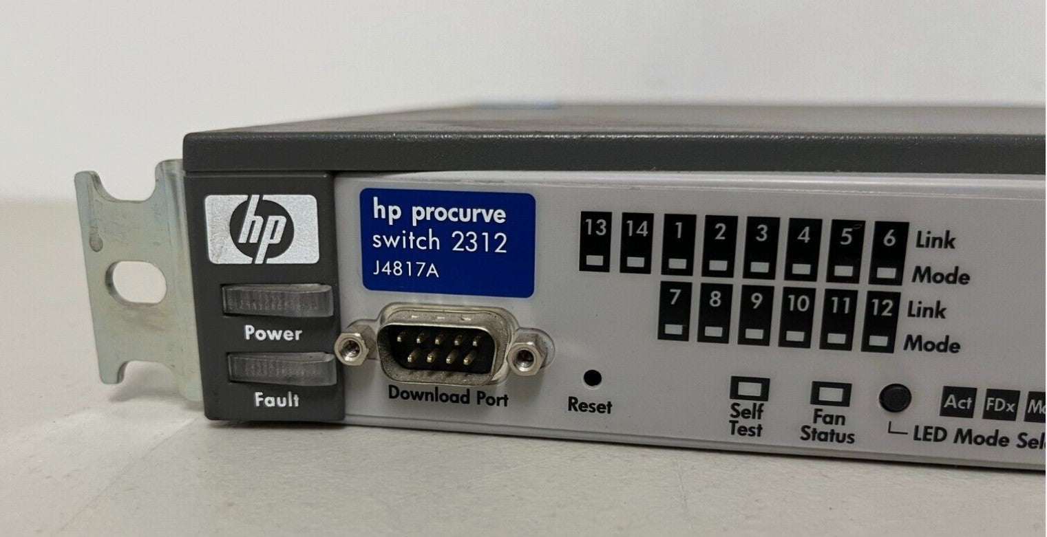 Used HP Procurve Switch 2312 (J4817A) for Sale. 					We Sell Professional Audio Equipment. Audio Systems, Amplifiers, Consoles, Mixers, Electronics, Entertainment, Sound, Live.