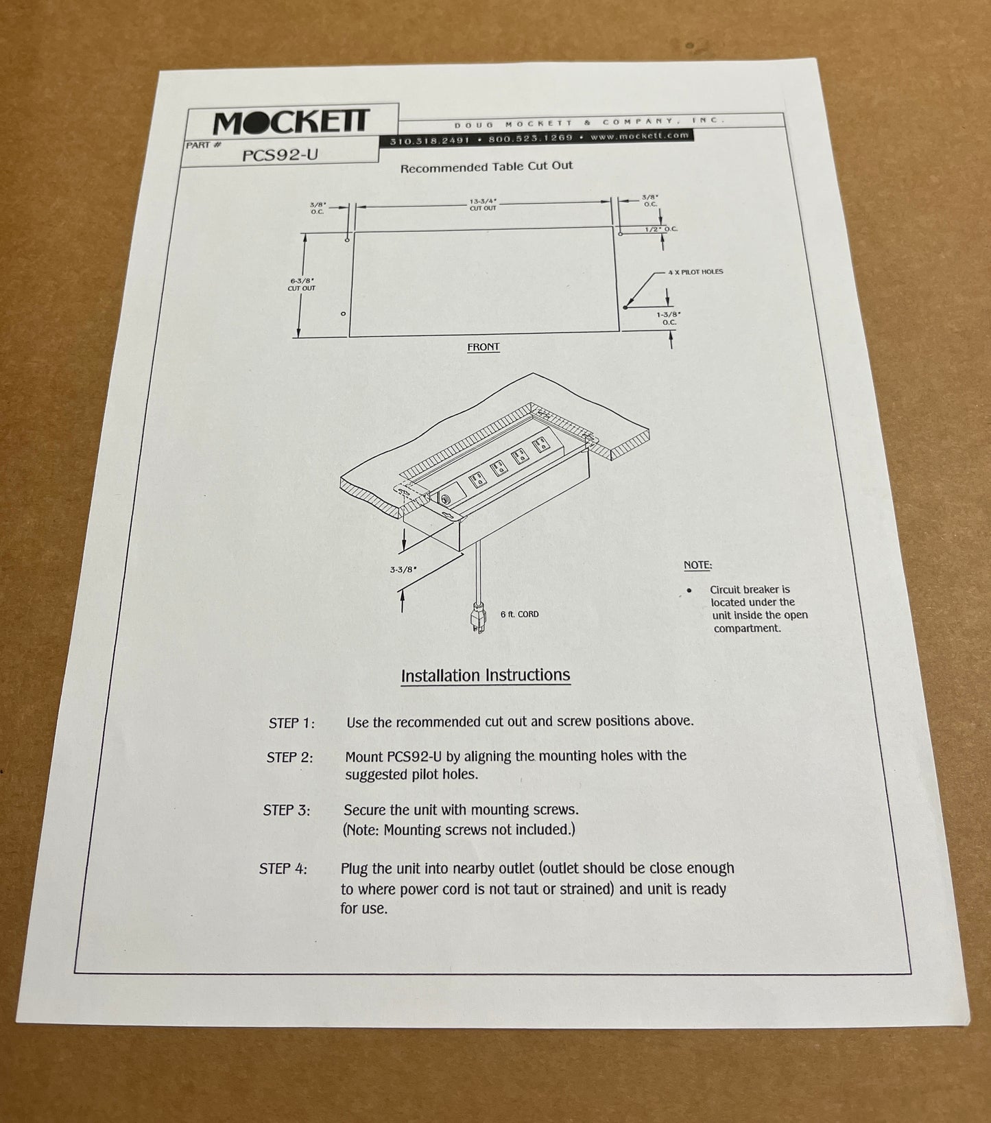 Mocket Under-Desk Mount Power Hub, PCS92-90U
