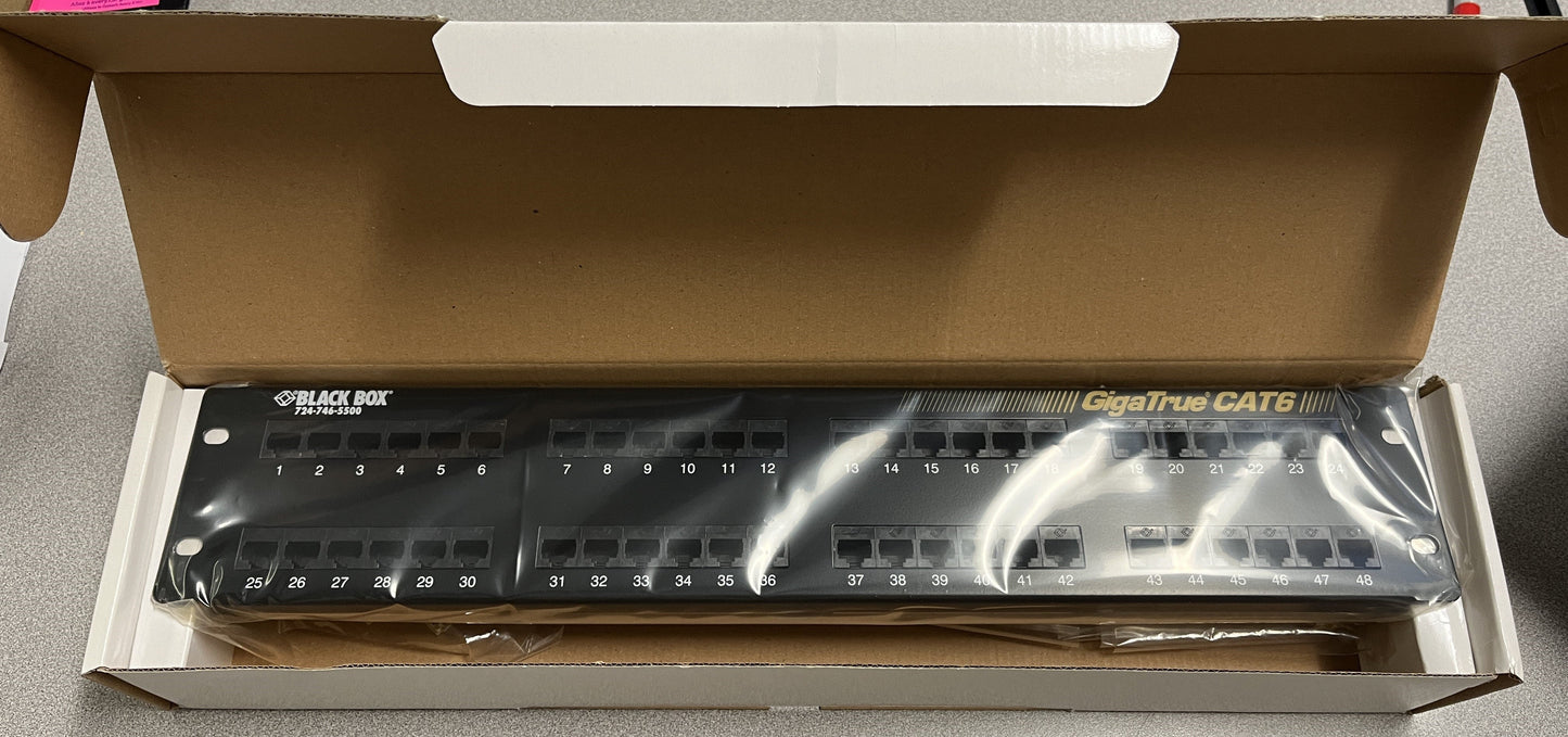 Black Box CAT6 Patch Panel, CAT6 Patch Panel, CAT6 Patch Bay, CAT6 Unshielded Patch Panel, CAT6 48-Port Patch Bay, 48-Port Ethercon Patch Panel, We Sell Professional Audio Equipment. Audio Systems, Amplifiers, Consoles, Mixers, Electronics, Entertainment, Live Sound.
