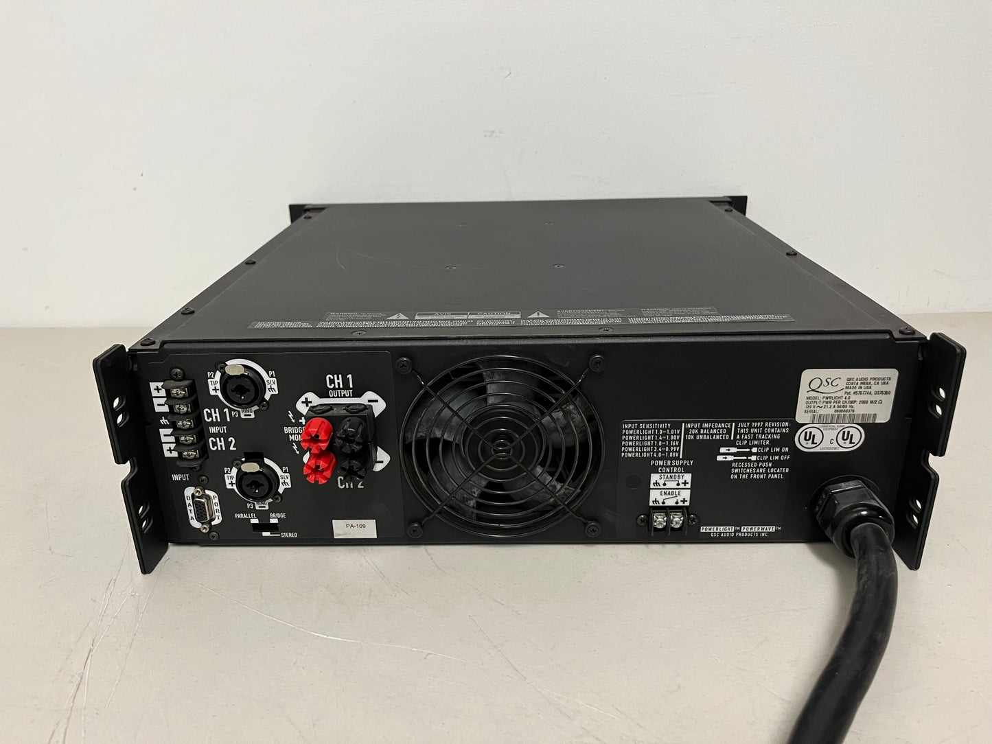 Used QSC PowerLight 4.0 Pro Audio Power Amplifier PL4.0 4000 Watts for Sale. We Sell Professional Audio Equipment. Audio Systems, Amplifiers, Consoles, Mixers, Electronics, Entertainment, Live Sound.