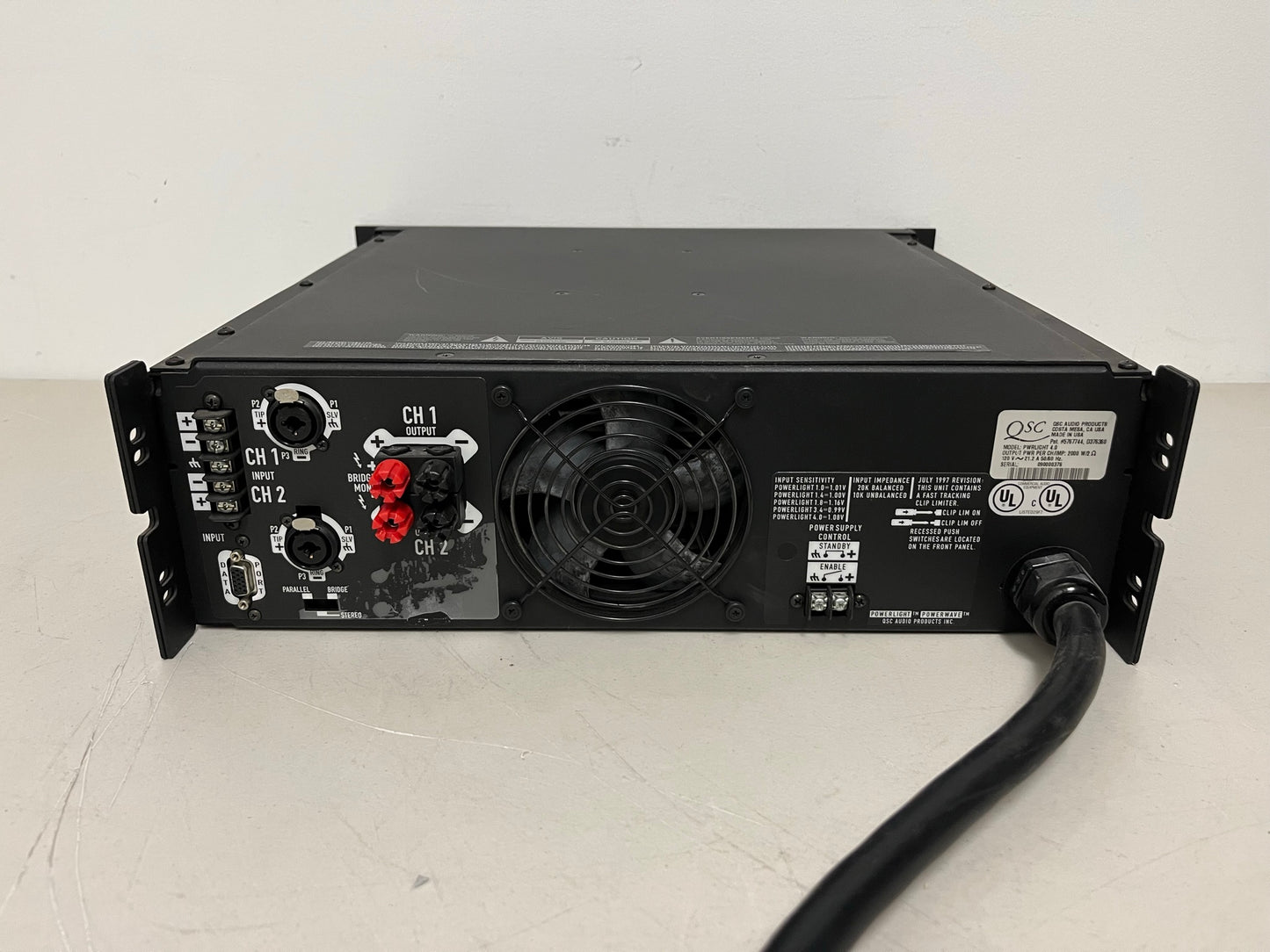 Used QSC PowerLight 4.0 Pro Audio Power Amplifier PL4.0 4000 Watts for Sale. We Sell Professional Audio Equipment. Audio Systems, Amplifiers, Consoles, Mixers, Electronics, Entertainment, Live Sound.