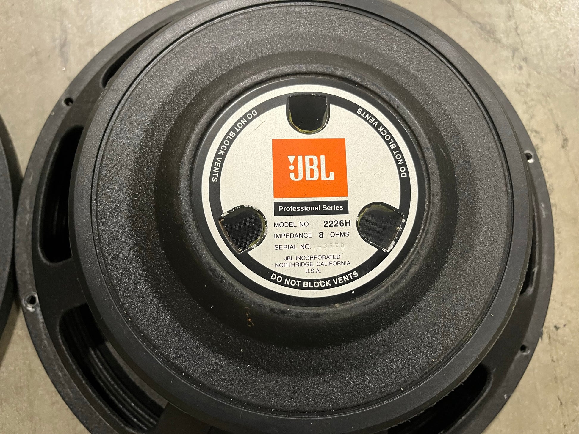 Used JBL 2226H 15" Low Frequency Transducer, 8 ohm for Sale. We Sell Professional Audio Equipment. Audio Systems, Amplifiers, Consoles, Mixers, Electronics, Entertainment, Sound, Live.