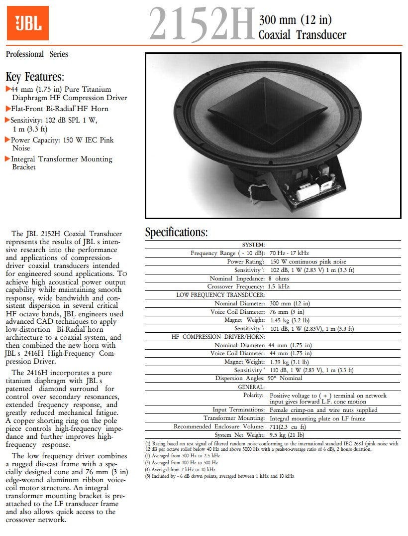 JBL Sub, JBL 12", 12" Driver, 12", JBL 2152H, JBL Coaxial Transducer 12", We Sell Professional Audio Equipment. Audio Systems, Amplifiers, Consoles, Mixers, Electronics, Entertainment, Live Sound.