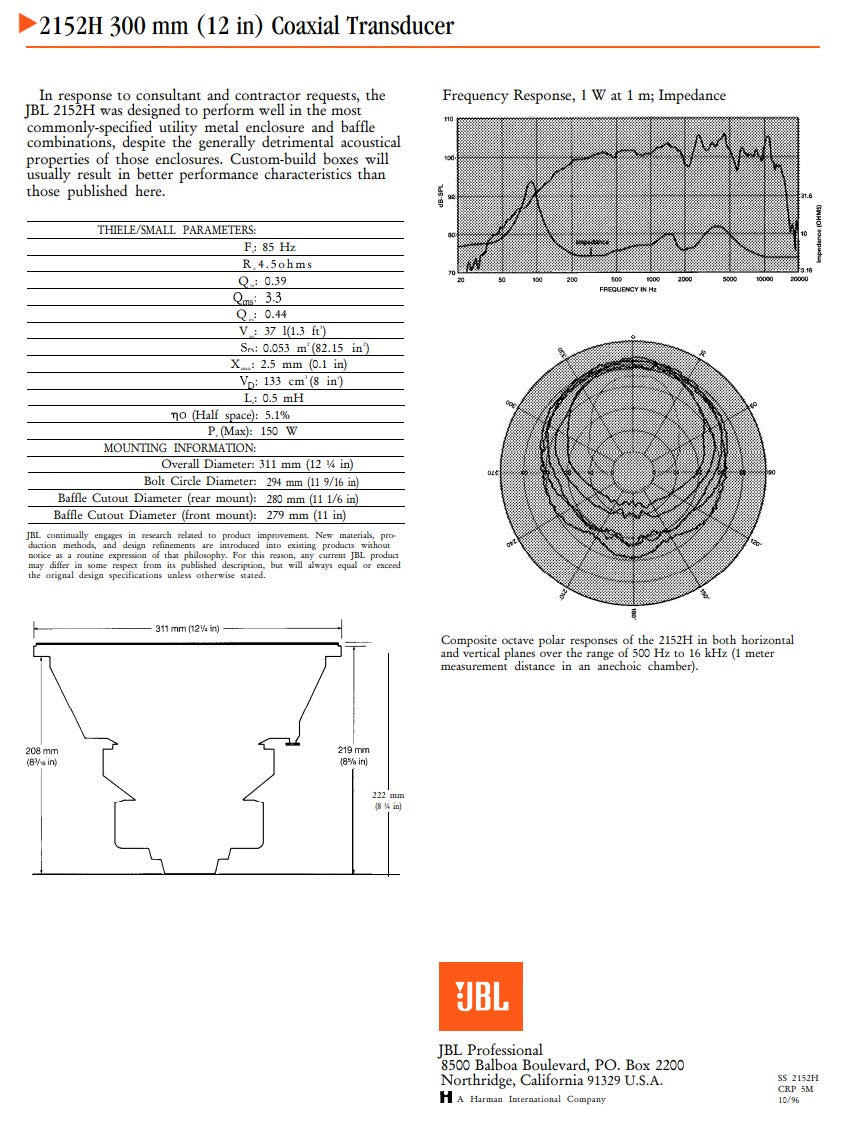 JBL Sub, JBL 12", 12" Driver, 12", JBL 2152H, JBL Coaxial Transducer 12", We Sell Professional Audio Equipment. Audio Systems, Amplifiers, Consoles, Mixers, Electronics, Entertainment, Live Sound.