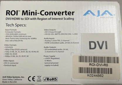 New AJA ROI Mini-Converter, DVI/HDMI to SDI with Region of Interest Scaling  NIB for Sale. We Sell Professional Audio Equipment. Audio Systems, Amplifiers, Consoles, Mixers, Electronics, Entertainment, Sound, Live.