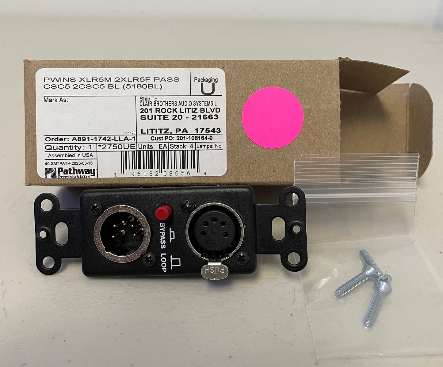 New Pathway Connectivity 5180 BL 5-Pin XLR M&F Passthrough. We Sell Professional Audio Equipment. Audio Systems, Amplifiers, Consoles, Mixers, Electronics, Entertainment and Live Sound.