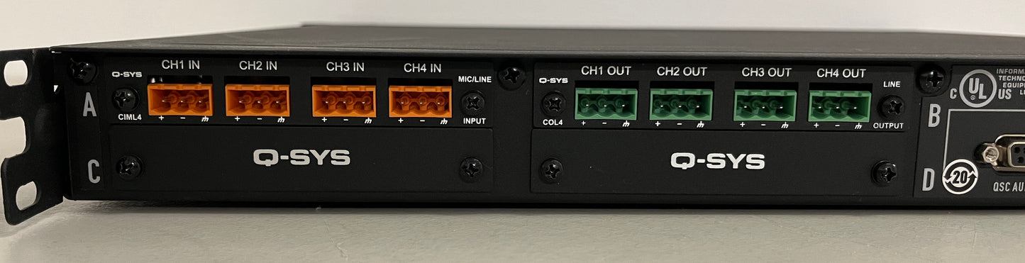 QSC Q-SYS I/O Frame, QSC I/O Frame Type 2, QSC Q-SYS I/O Frame Cards, Q-SYS CIML4 Card, Q-SYS COL4 Card, We Sell Professional Audio Equipment. Audio Systems, Amplifiers, Consoles, Mixers, Electronics, Entertainment, Live Sound