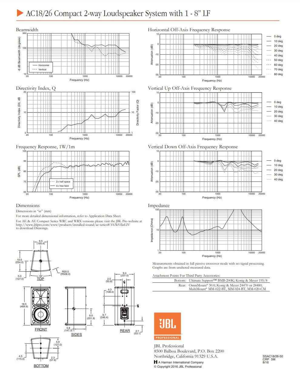 New JBL AC18/26-WRX 8ohm Compact 2-Way Surface Mount Speaker, White, NIB, Pair for Sale. We Sell Professional Audio Equipment. Audio Systems, Amplifiers, Consoles, Mixers, Electronics, Entertainment, Sound, Live.