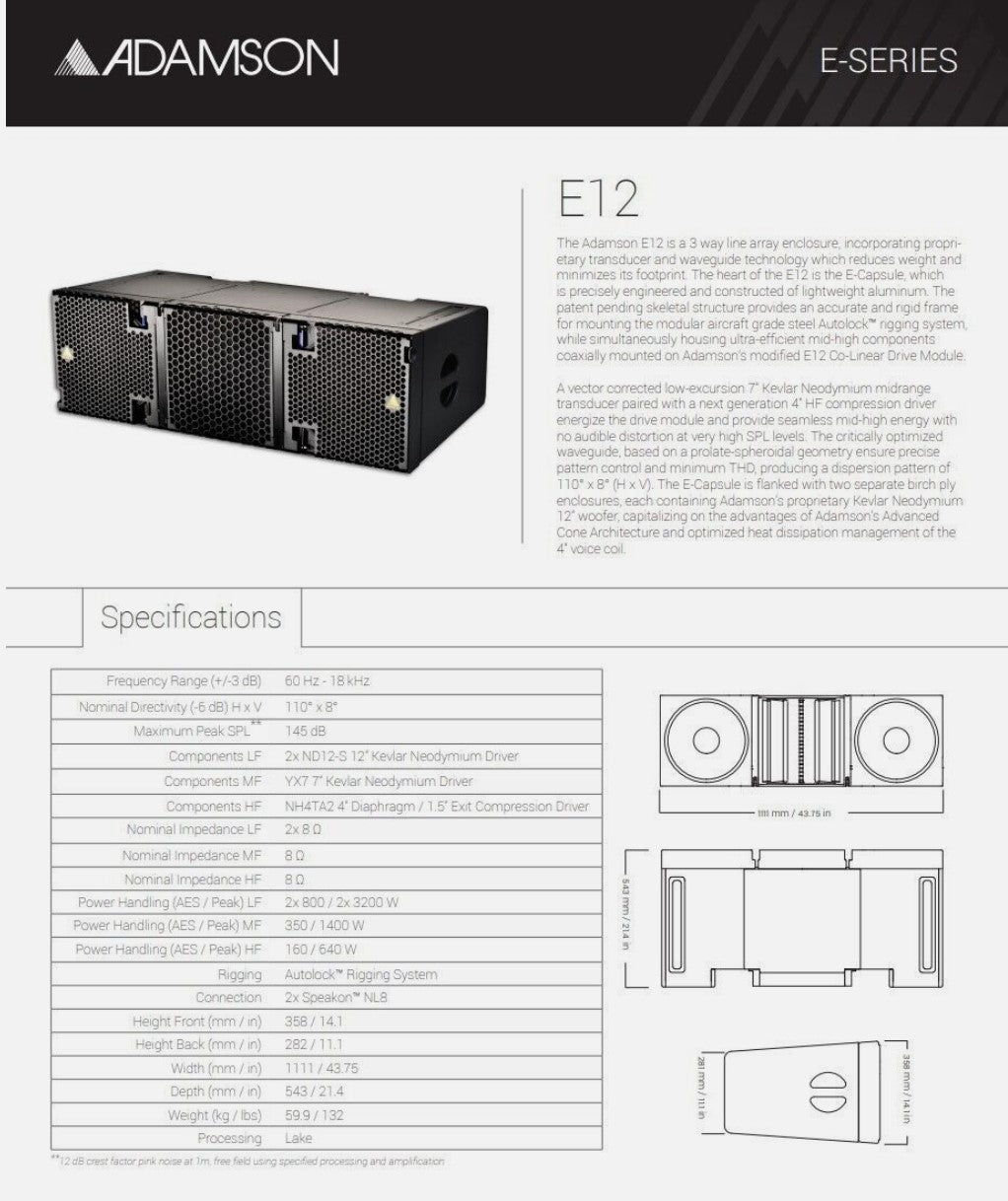 Adamson E12 Array Speaker, Medium Format 3 Way Cabinet