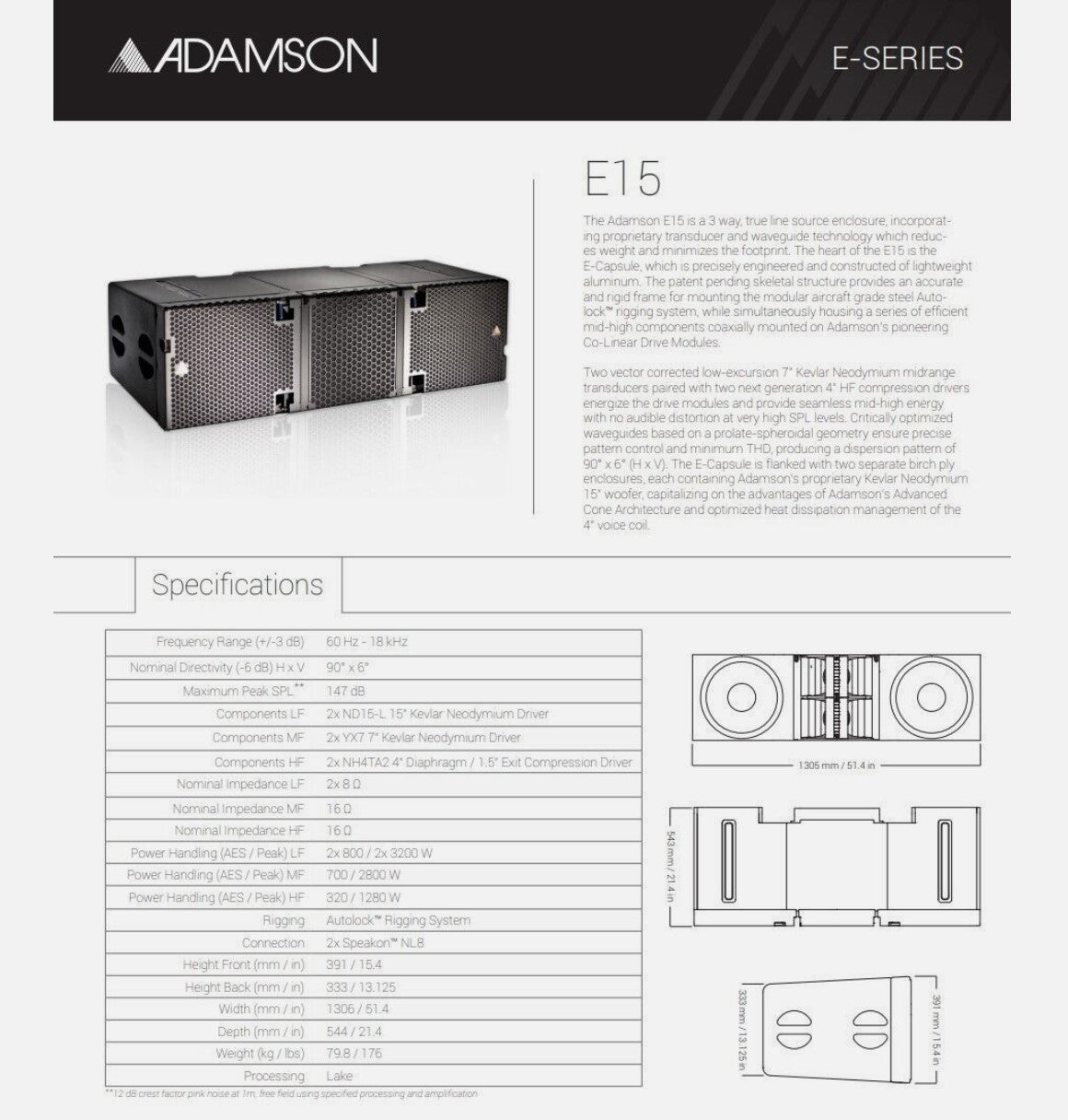 Used Adamson E15, Large Format 3 Way Array Speaker Cabinet for Sale. We Sell Professional Audio Equipment. Audio Systems, Amplifiers, Consoles, Mixers, Electronics, Entertainment, Sound, Live.