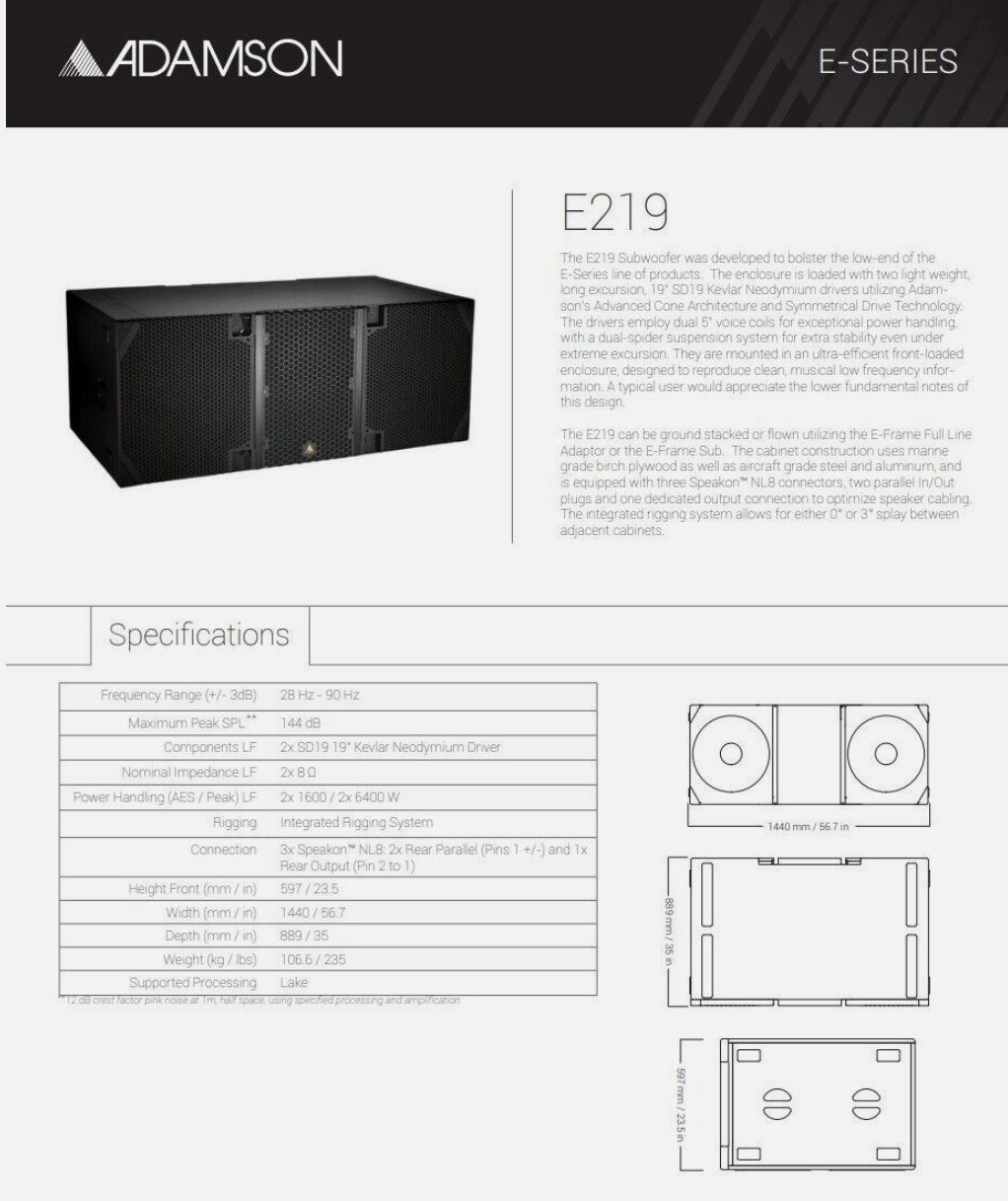 Used Adamson E219 Sub for Sale. We Sell Professional Audio Equipment. Audio Systems, Amplifiers, Consoles, Mixers, Electronics, Entertainment, Sound, Live.