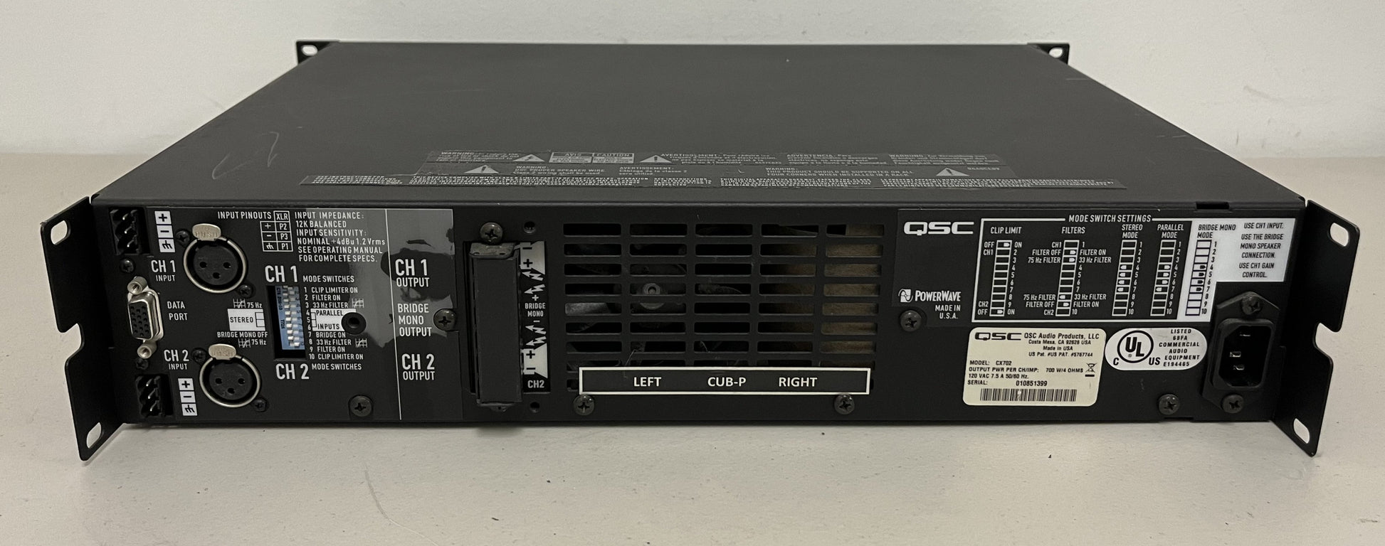 Used QSC CX702 2-Channel Power Amplifier for Sale. We Sell Professional Audio Equipment. Audio Systems, Amplifiers, Consoles, Mixers, Electronics, Entertainment, Sound, Live.