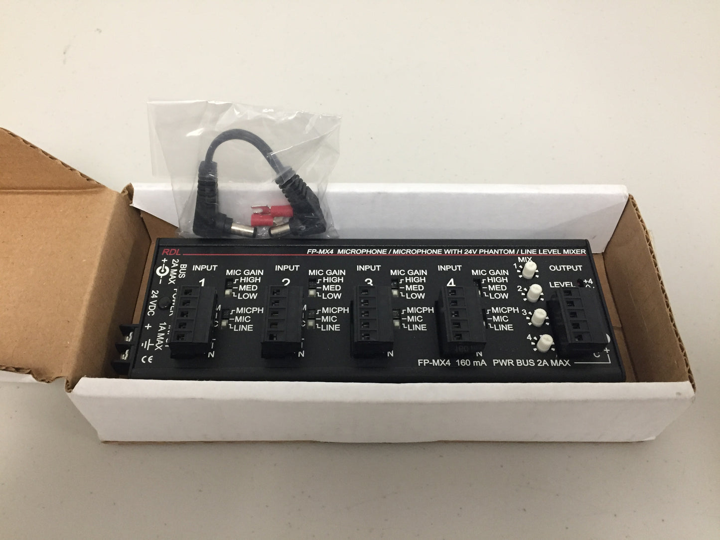 RDL FP-MX4 Four-Channel Microphone and Line Audio Mixer, RDL FP-MX4, RDL, Mixer, Microphone Mixer, 4x Mic/Line Mixer, We Sell Professional Audio Equipment. Audio Systems, Amplifiers, Consoles, Mixers, Electronics, Entertainment, Live Sound.