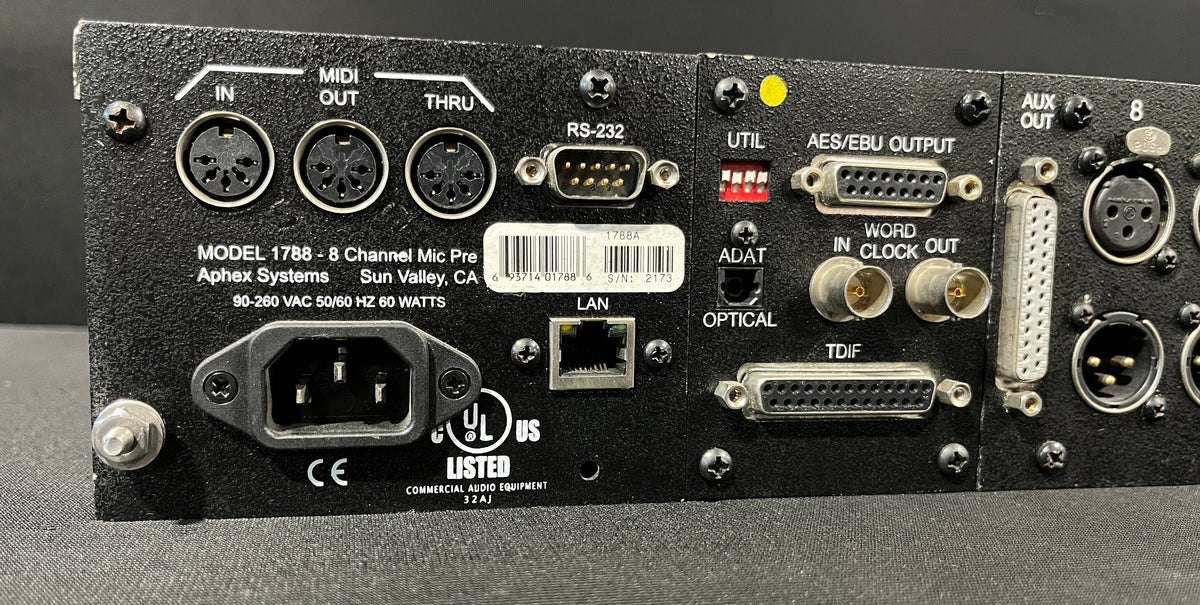 Aphex Model 1788A, Aphex 8 Channel Microphone Preamp, Aphex 1788A AES and Analog, Aphex Mic Preamp AES and Analog. We Sell Professional Audio Equipment. Audio Systems, Amplifiers, Consoles, Mixers, Electronics, Entertainment, Live Sound.