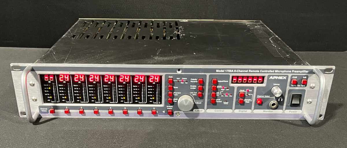 Aphex Model 1788A, Aphex 8 Channel Microphone Preamp, Aphex 1788A AES and Analog, Aphex Mic Preamp AES and Analog. We Sell Professional Audio Equipment. Audio Systems, Amplifiers, Consoles, Mixers, Electronics, Entertainment, Live Sound.