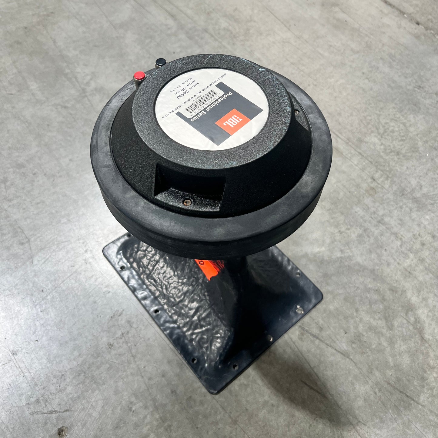 JBL 2445J Compression Driver with Small Horn, JBL 2445J Compression Driver with Horn, JBL 2445J, JBL 16 ohm Speaker Driver, JBL Driver with Horn. We Sell Professional Audio Equipment. Audio Systems, Amplifiers, Consoles, Mixers, Electronics, Entertainment, Live Sound.