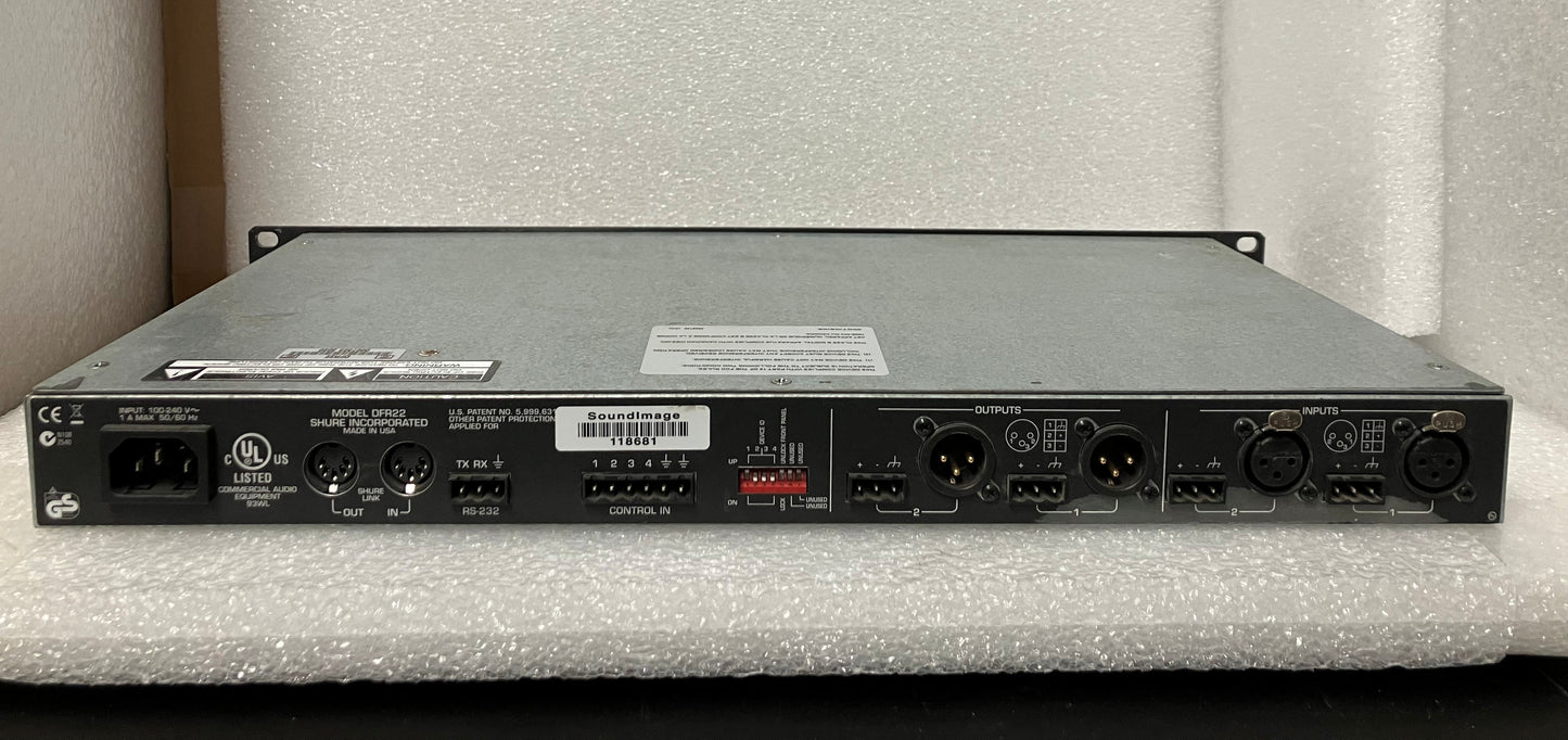 Shure DFR22 Audio Processor, Shure DFR22, Shure Digital Audio Processor, Shure DFR22 Feedback Suppression, DFR22 Audio Processor. We Sell Professional Audio Equipment. Audio Systems, Amplifiers, Consoles, Mixers, Electronics, Entertainment, Live Sound.