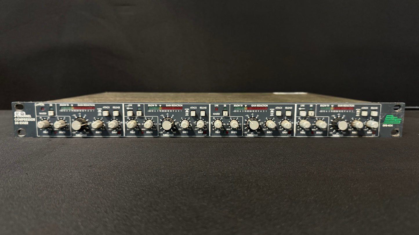 BSS DPR-404 Quad Compressor/De-Esser, BSS DPR-404, BSS DPR-404 Quad Compressor, DPR-404, BSS Compressor. We Sell Professional Audio Equipment. Audio Systems, Amplifiers, Consoles, Mixers, Electronics, Entertainment, Live Sound.
