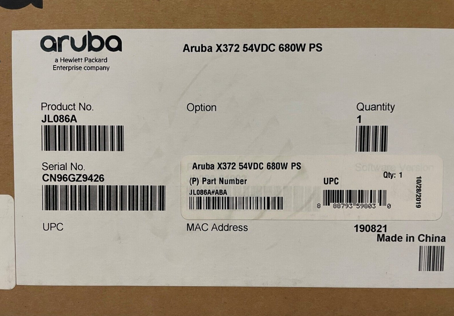 New HP Aruba X372 54VDC 680W PS (JL086A), NIB for Sale. 					We Sell Professional Audio Equipment. Audio Systems, Amplifiers, Consoles, Mixers, Electronics, Entertainment, Sound, Live.