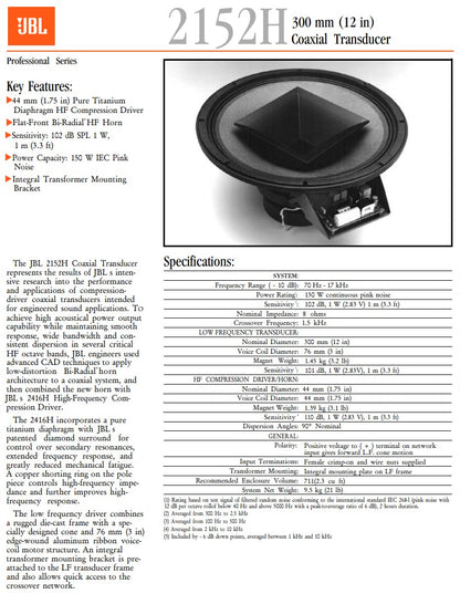 New JBL 2152H 12" Coaxial Transducer for Sale. We Sell Professional Audio Equipment. Audio Systems, Amplifiers, Consoles, Mixers, Electronics, Entertainment and Live Sound.