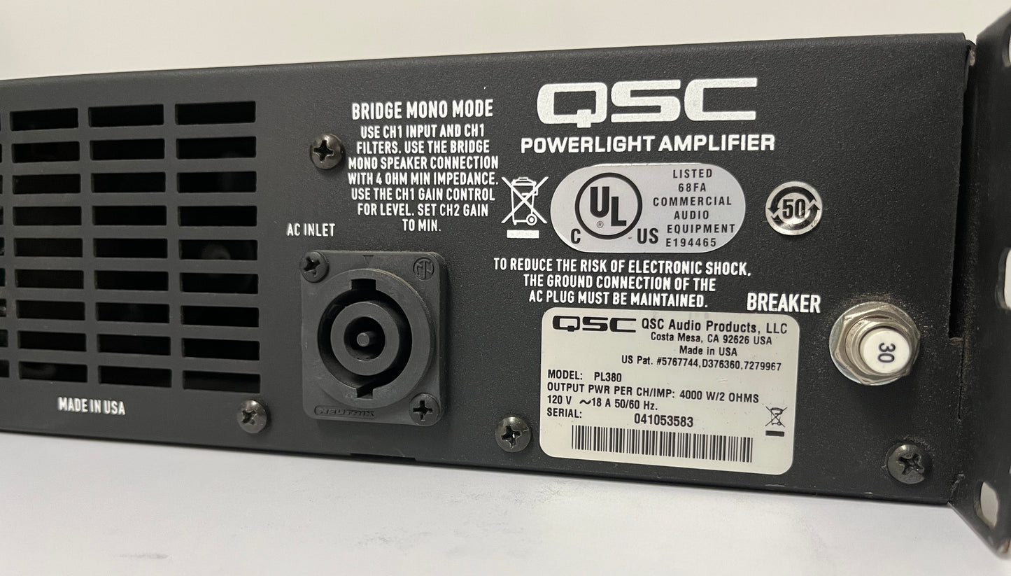 QSC PL380 Powerlight 3 Series Power Amplifier, QSC PL380 Amplifier, QSC PL380, QSC 2-Channel Power Amplifier, QSC PL380 2-Channel, We Sell Professional Audio Equipment. Audio Systems, Amplifiers, Consoles, Mixers, Electronics, Entertainment, Live Sound