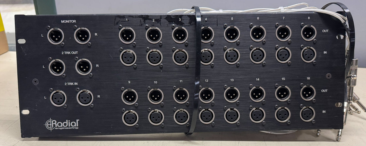 Radial Engineering 16 Input I/O Panel for Venue FOH Rack, Radial Engineering I/O Panel, 16 Input/Output Panel, Radial Engineering Patchbay, Radial Engineering Panel. We Sell Professional Audio Equipment. Audio Systems, Amplifiers, Consoles, Mixers, Electronics, Entertainment, Live Sound.