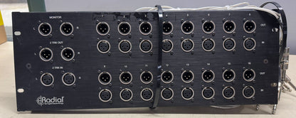 Radial Engineering 16 Input I/O Panel for Venue FOH Rack, Radial Engineering I/O Panel, 16 Input/Output Panel, Radial Engineering Patchbay, Radial Engineering Panel. We Sell Professional Audio Equipment. Audio Systems, Amplifiers, Consoles, Mixers, Electronics, Entertainment, Live Sound.