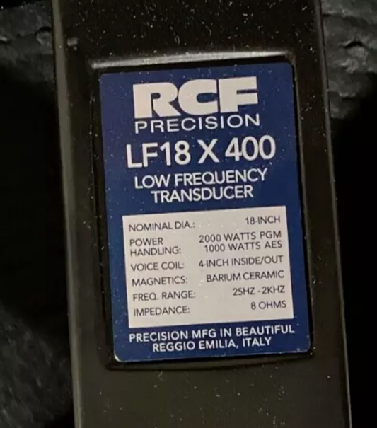 RCF LF18X400 18" High Power Woofer 2000W 8 ohm, New In Opened Box. We Sell Professional Audio Equipment. Audio Systems, Amplifiers, Consoles, Mixers, Electronics, Entertainment and Live Sound.