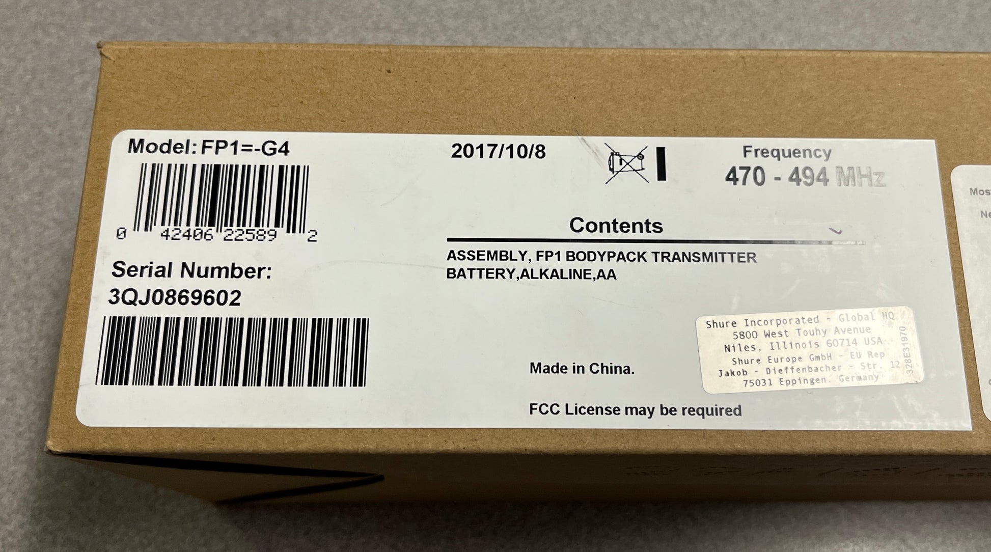 Shure FP1 Wireless Bodypack Transmitter, Shure FP1 Transmitter, Shure FP1 Bodypack, Shure Transmitter G4 Range, Shure FP1 G4, Shure Transmitter Range 470 - 494 MHz, We Sell Professional Audio Equipment. Audio Systems, Amplifiers, Consoles, Mixers, Electronics, Entertainment, Live Sound.