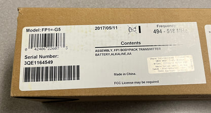 Shure FP1 Wireless Bodypack Transmitter, Shure FP1 Transmitter, Shure FP1 Bodypack, Shure Transmitter G4E Range, Shure FP1 G4E, Shure Transmitter Range 470 - 494 MHz, We Sell Professional Audio Equipment. Audio Systems, Amplifiers, Consoles, Mixers, Electronics, Entertainment, Live Sound.