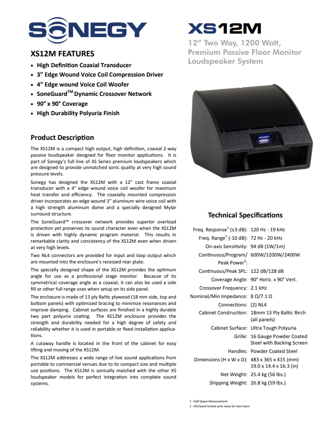 Sonegy XS12M Two Way Passive Floor Monitor, Songey XS12M 12" Speakers, XS12M Two Way Passive Floor Monitor, Sonegy Floor Monitor, 12" Sonegy Floor Monitor, We Sell Professional Audio Equipment. Audio Systems, Amplifiers, Consoles, Mixers, Electronics, Entertainment, Live Sound