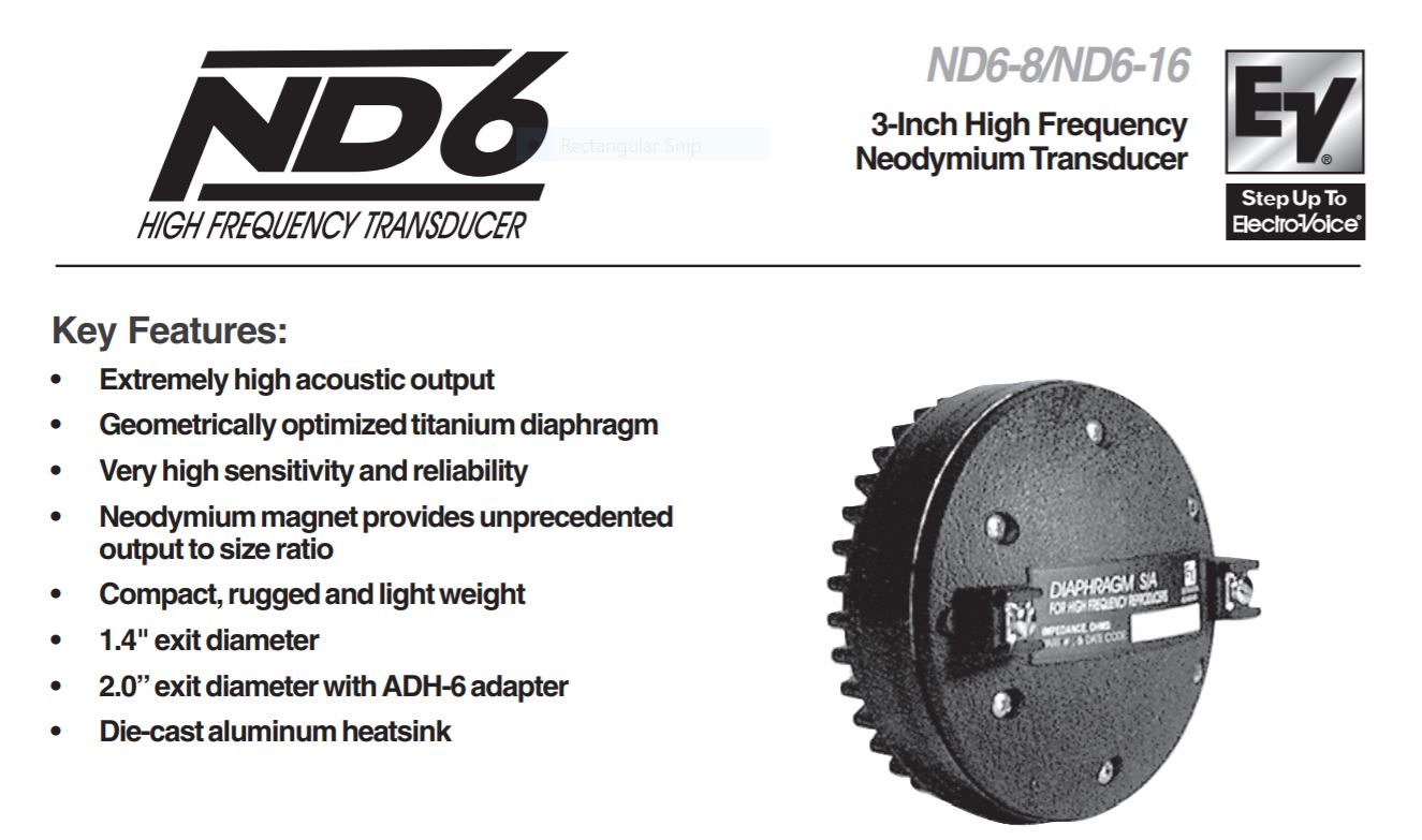 EV ND6 3" High Frequency Neodymium Transducer_16ohm_Pair. We Sell Professional Audio Equipment. Audio Systems, Amplifiers, Consoles, Mixers, Electronics, Entertainment and Live Sound.