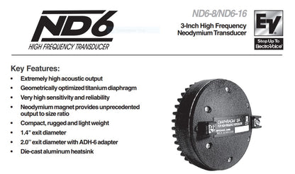 EV ND6 3" High Frequency Neodymium Transducer_16ohm_Pair. We Sell Professional Audio Equipment. Audio Systems, Amplifiers, Consoles, Mixers, Electronics, Entertainment and Live Sound.