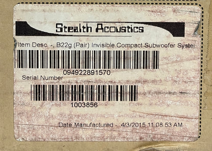 Stealth Acoustics Wall Subwoofers, Stealth Acoustics Invisible Subwoofers, Stealth Acoustics B22Gs, Invisible Subwoofers, B22G Invisible Subwoofers.We Sell Professional Audio Equipment. Audio Systems, Amplifiers, Consoles, Mixers, Electronics, Entertainment, Live Sound.