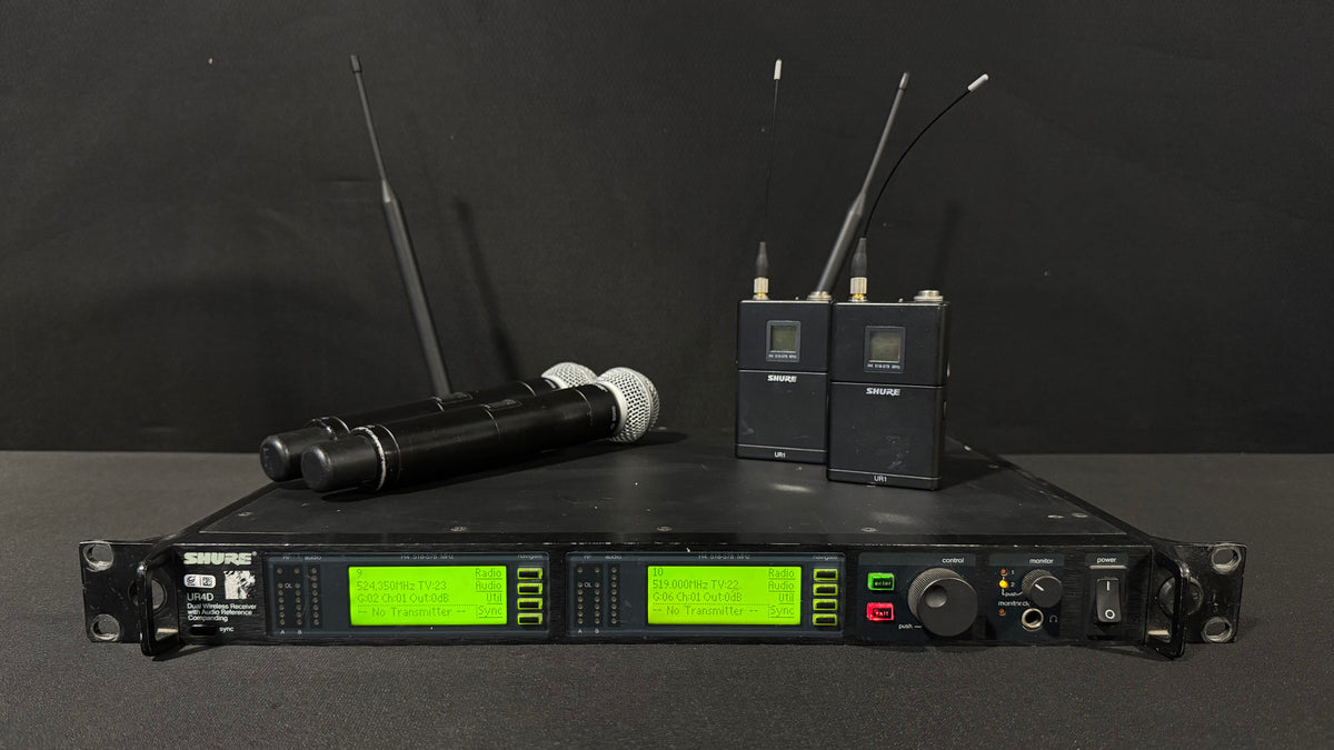 Shure UR4D Dual Receiver Package, Shure UR4D H4, Shure UR4D Package, Shure UR4D with UR1 and UR2, Shure UR4D H4 Band 518-578 MHz. We Sell Professional Audio Equipment. Audio Systems, Amplifiers, Consoles, Mixers, Electronics, Entertainment, Live Sound.