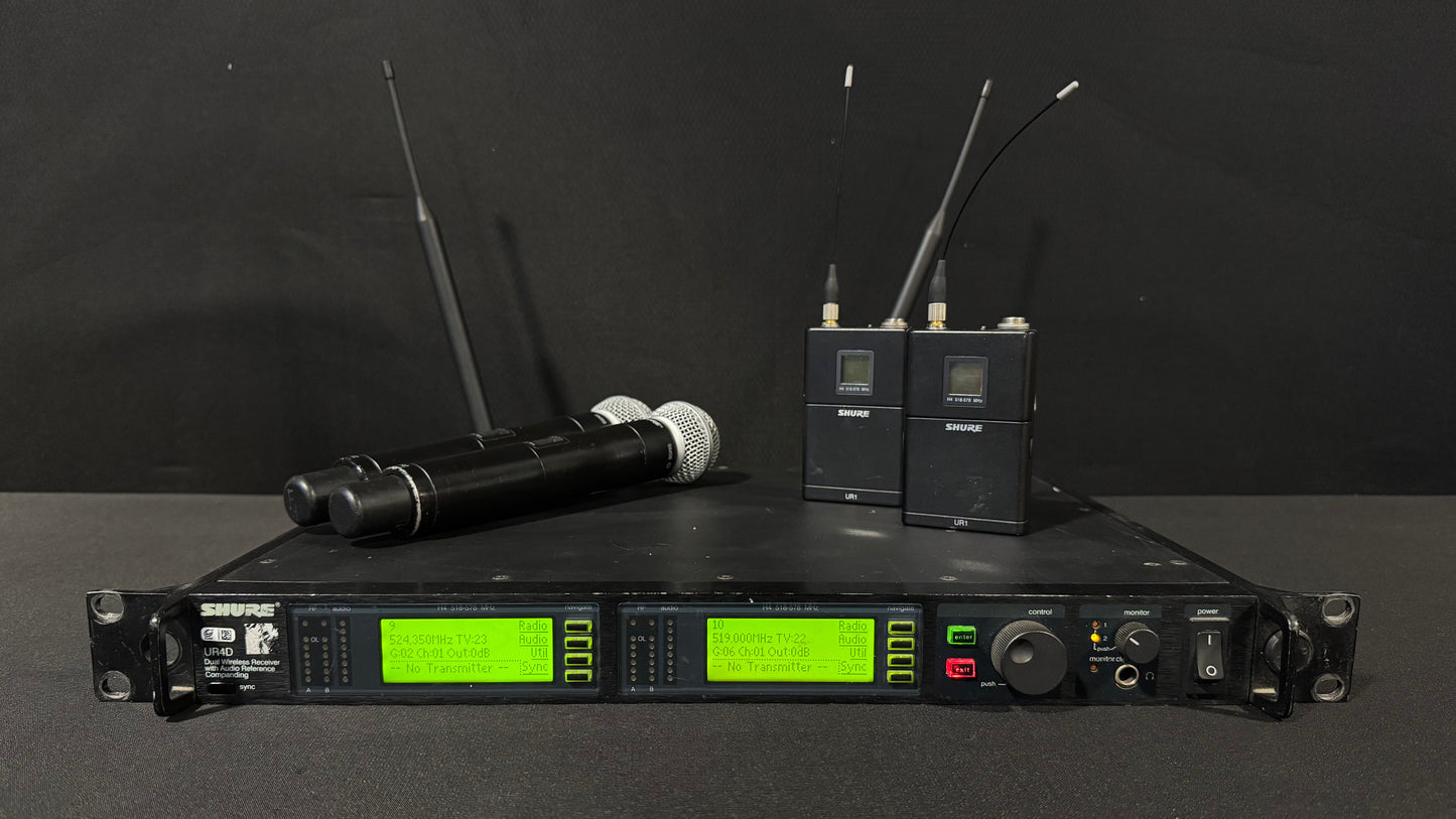 Shure UR4D Dual Receiver Package, Shure UR4D H4, Shure UR4D Package, Shure UR4D with UR1 and UR2, Shure UR4D H4 Band 518-578 MHz. We Sell Professional Audio Equipment. Audio Systems, Amplifiers, Consoles, Mixers, Electronics, Entertainment, Live Sound.