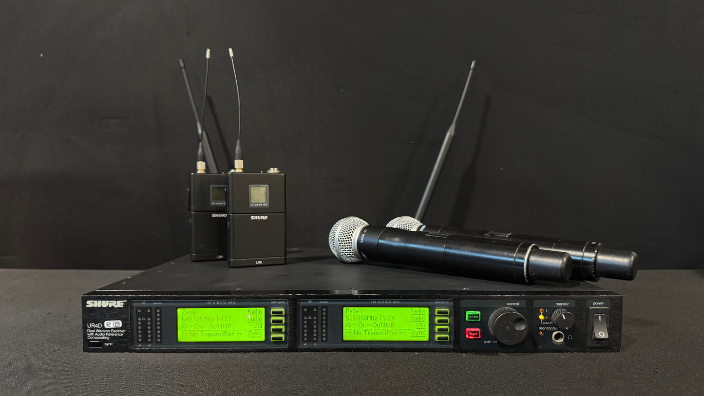 Shure UR4D Dual Receiver Package, Shure UR4D H4, Shure UR4D Package, Shure UR4D with UR1 and UR2, Shure UR4D H4 Band 518-578 MHz. We Sell Professional Audio Equipment. Audio Systems, Amplifiers, Consoles, Mixers, Electronics, Entertainment, Live Sound.