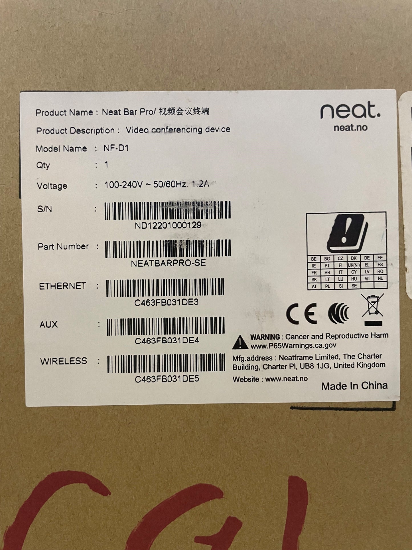 Neat Bar Pro Video Conferencing Device Model No. NF-D1