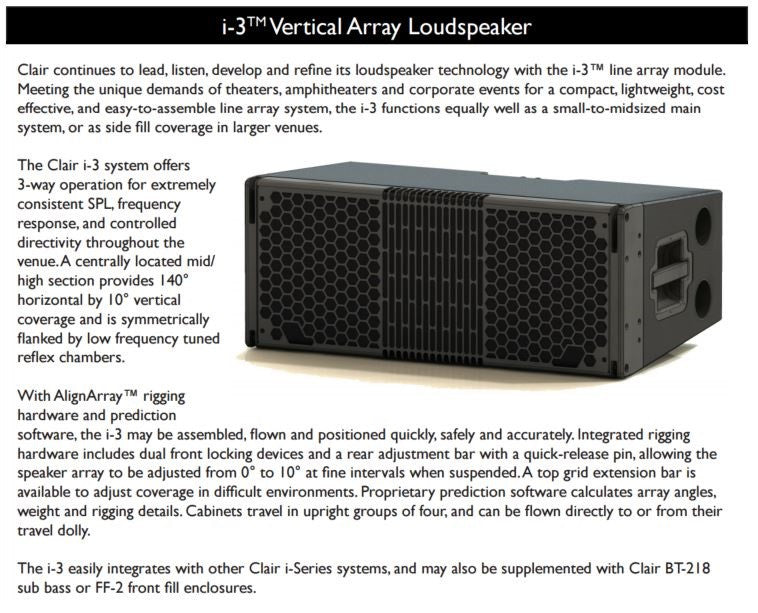 Used CLAIR Global i-3 , 3-Way Line Array Speaker Cabinet, We Sell Professional Audio Equipment. Audio Systems, Amplifiers, Consoles, Mixers, Electronics, Entertainment, Sound, Live. 